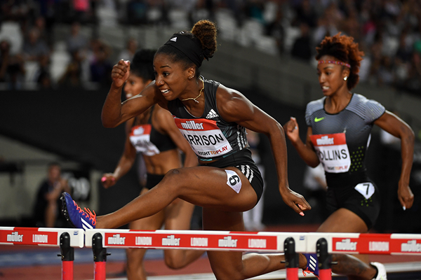 Photo: Keni Harrison wins the 100m hurdles in a world record of 12.20 at the IAAF Diamond League meeting in London (Kirby Lee)